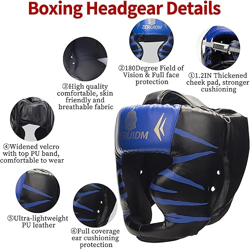 Miniatura 4 de Juego de casco y guantes de boxeo 6 en 1, protector de cabeza de seguridad de entrenamiento para MMA, kickboxing, aprendices de Muay Thai, niños y