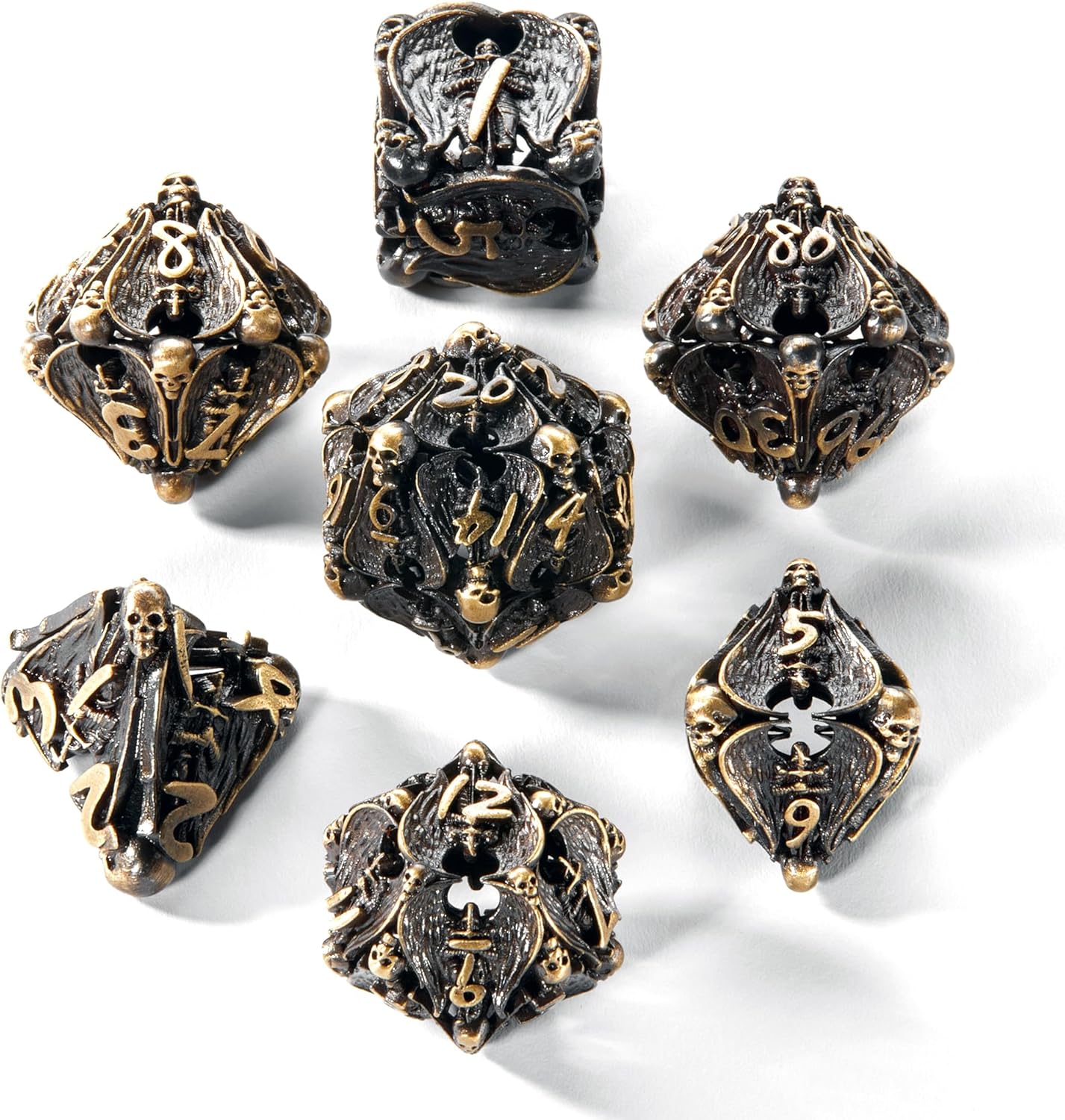 Hollow Metal DND Dice Set -Skull Dice Bone Mystery Dice - D20, D12,%D10, D10, D8, D6 & D4 Sided. Cool & Unique Gift Skulls, D&D Accessories