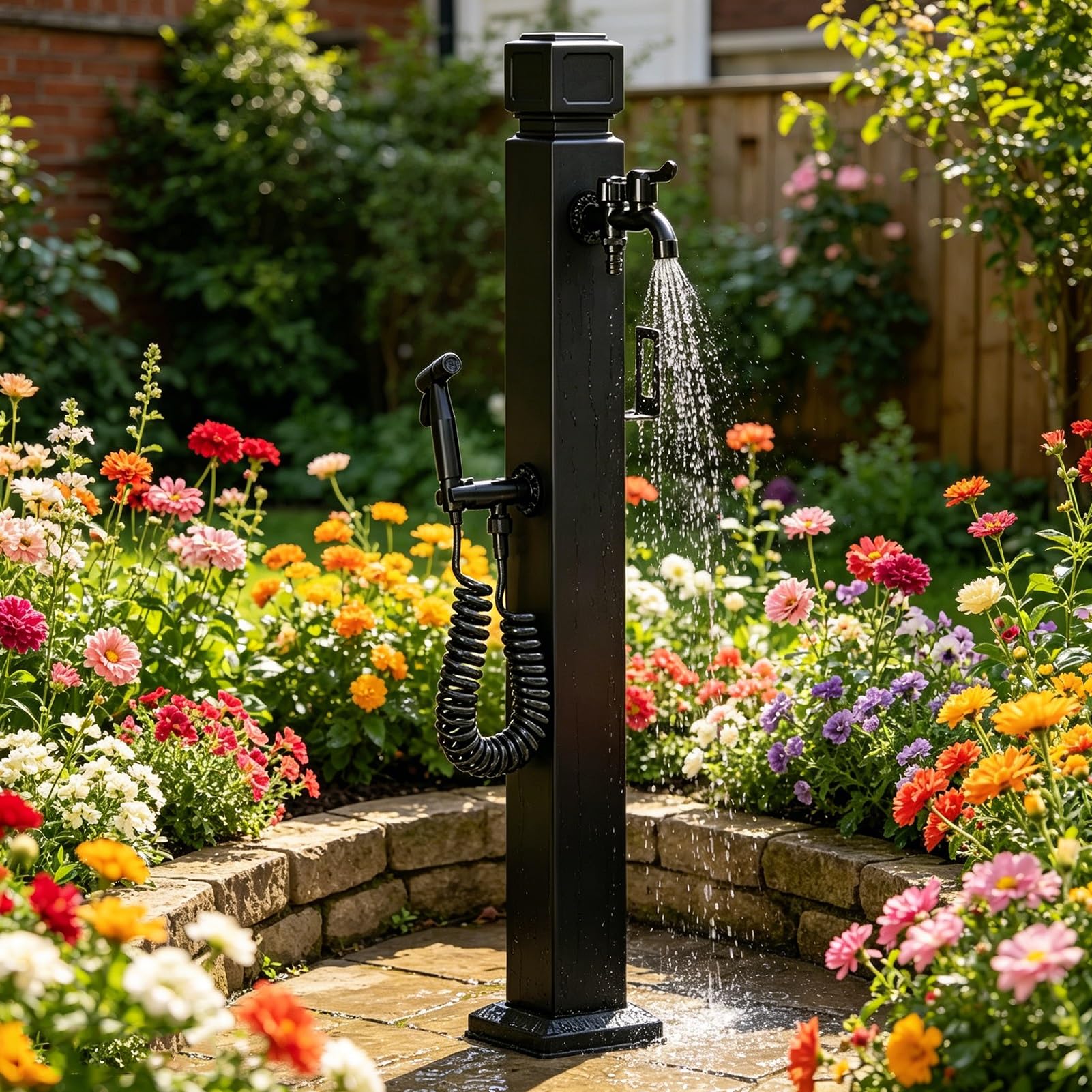 XDLEDMKIZ Vertical Garden Water Column, Outdoor Faucet with Double Outlet and Spray Gun, Decorative Water Fountain Yard Hydrant Stand, Antiq