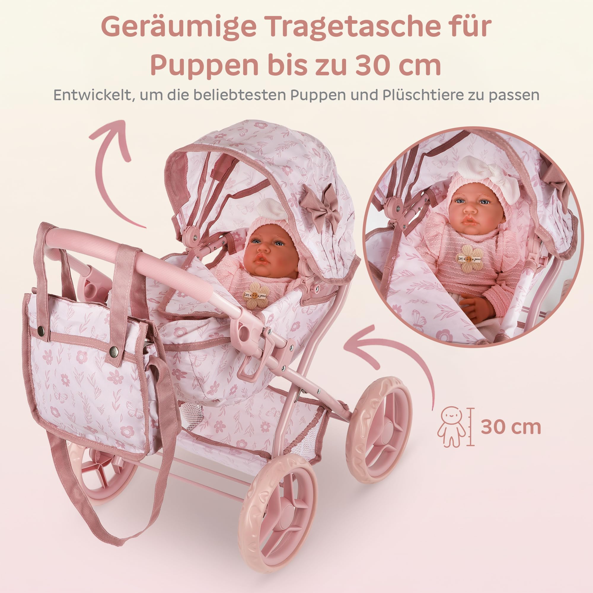 Kinderplay Puppenwagen für Mädchen ab 3 Jahren, tiefer Puppen Kinderwagen mit Babywanne, faltbar mit Schaumstoffrädern, verstellbares Dach, Puppenwagen mit Tasche und Unterkorb