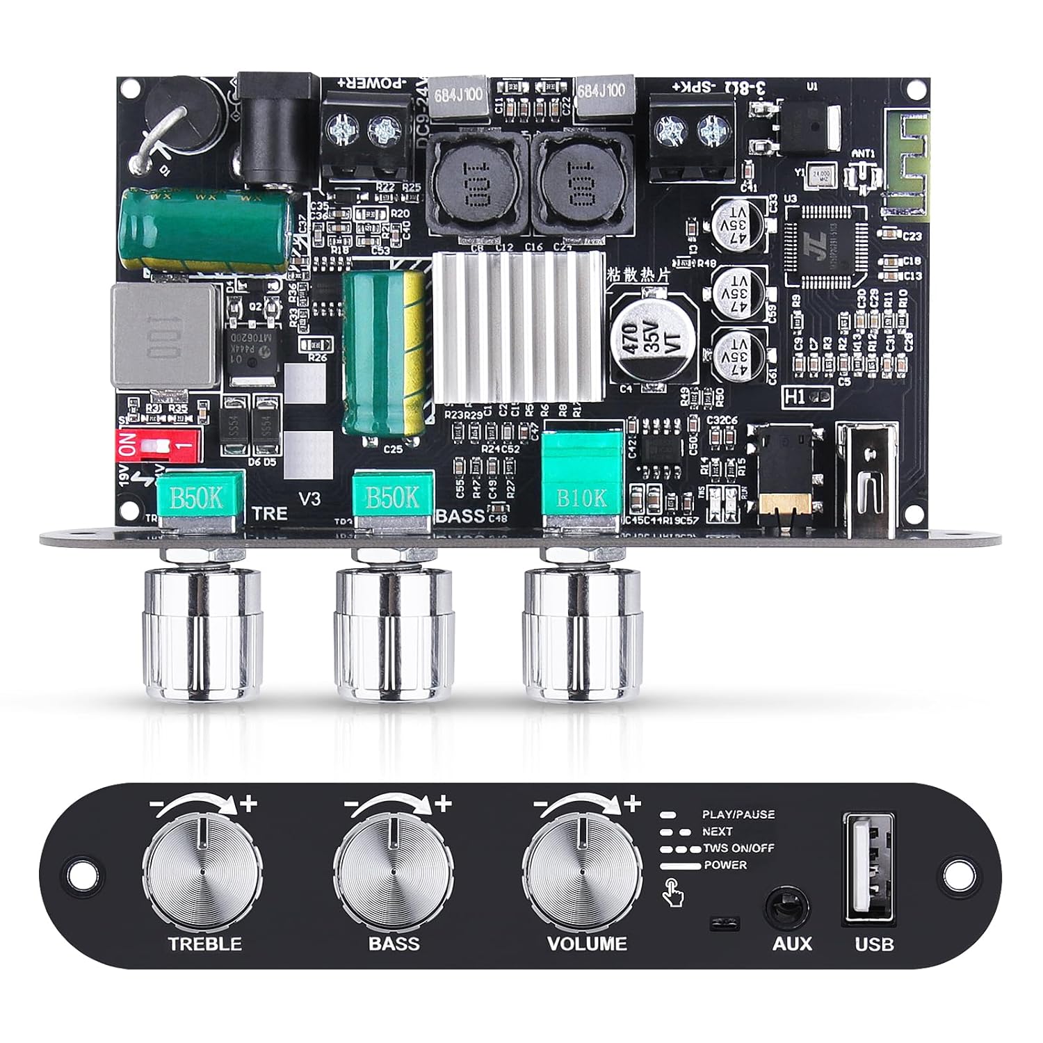 2 Pack ZK-1001U Bluetooth 5.3 Mono Amplifier Board with TWS & Boost Circuit, Mini Audio Amp for Home Outdoor DIY Speakers with 100W Power Output, Treble and Bass, USB/AUX/BT Input, DC 9-24V