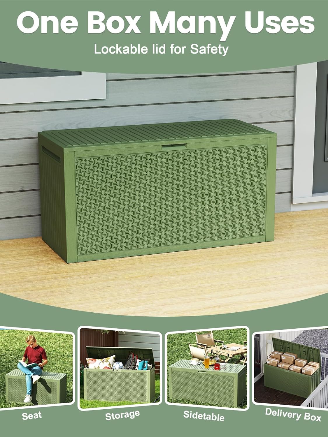 ZYJOOY 90 Gallon Outdoor Deck Storage Box, Lockable Waterproof Outdoor Storage Box, Resin Weather Resistant Container for Garden Tools, Indoor Cushions, Outdoor Accessories (Olive Green)