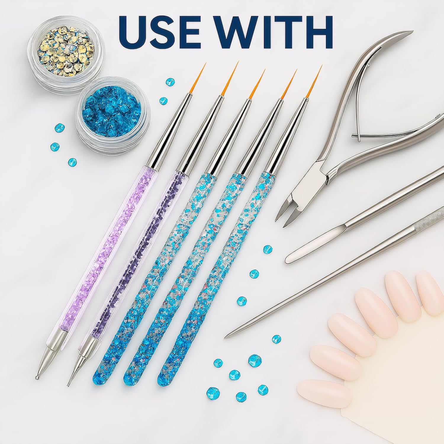 10PCS Nail Art Brushes Set – 5 Dual-Ended Dotting & Painting Pens + 5 Liner Brushes – Crystal Handle Nail Design Tools for Gel, Acrylic, Nail Tips, DIY Manicure & Salon Use