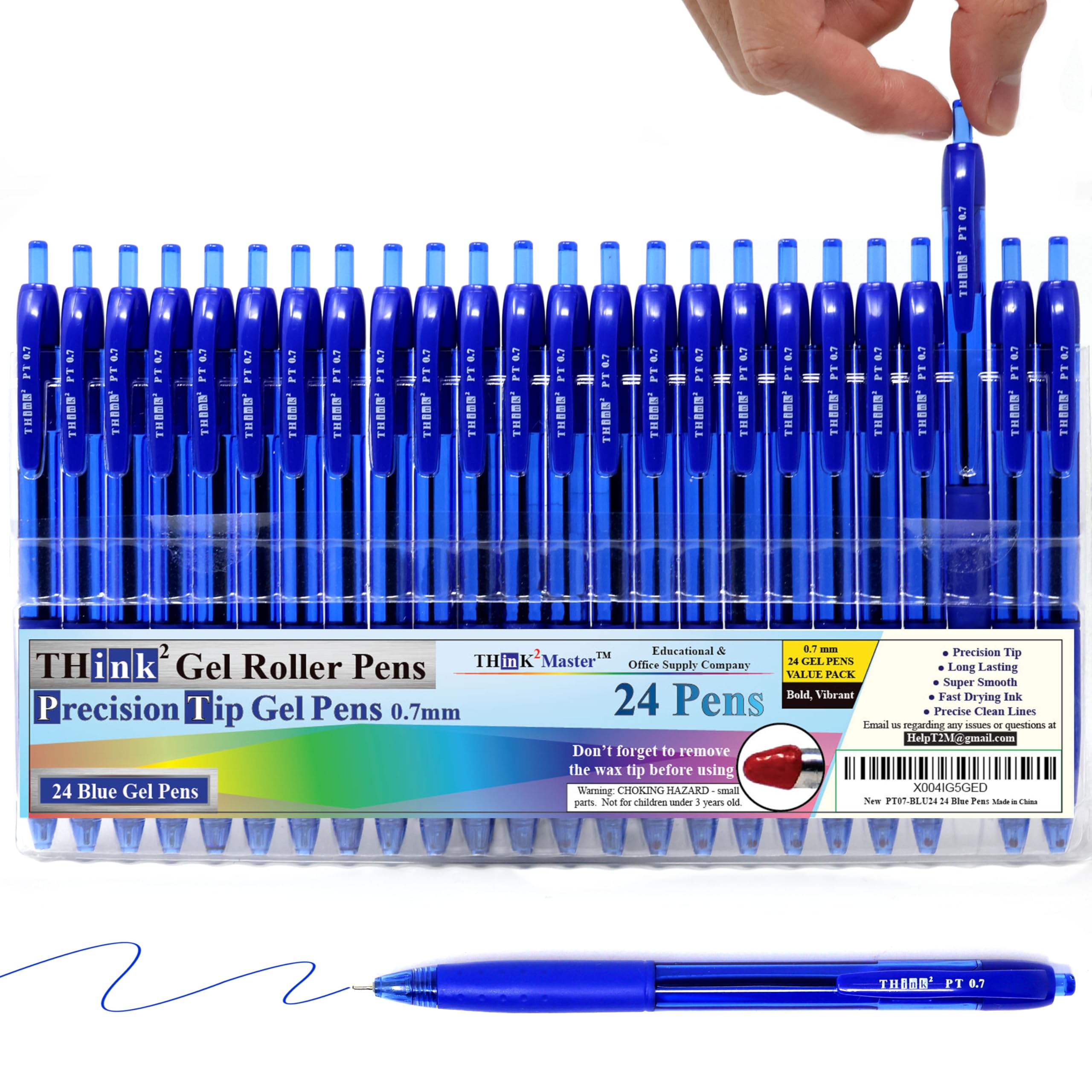 THINK2MASTER [24 Pens - Blue Ink Think2 0.7mm Precision Tip Gel Pens. (24 Blue) Fine Point Small Rollerball Pens with Smooth Quick Drying Ink.