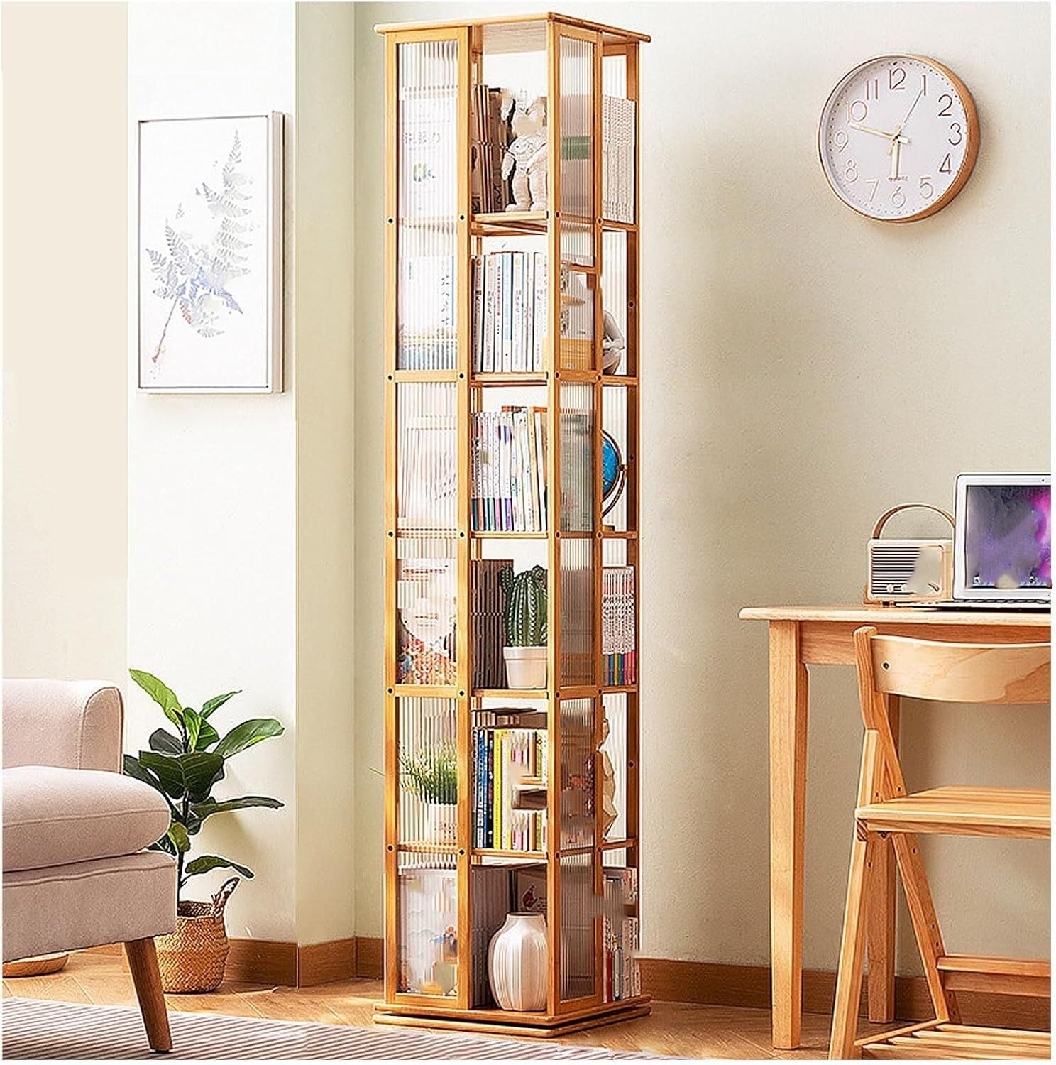 Lshtshf-Ou Natural Wood Revolving Bookcase 360° Rotating Bookshelf Display Narrow Swivel Corner Book Shelf Standing(,6 Th Floor-Tier)