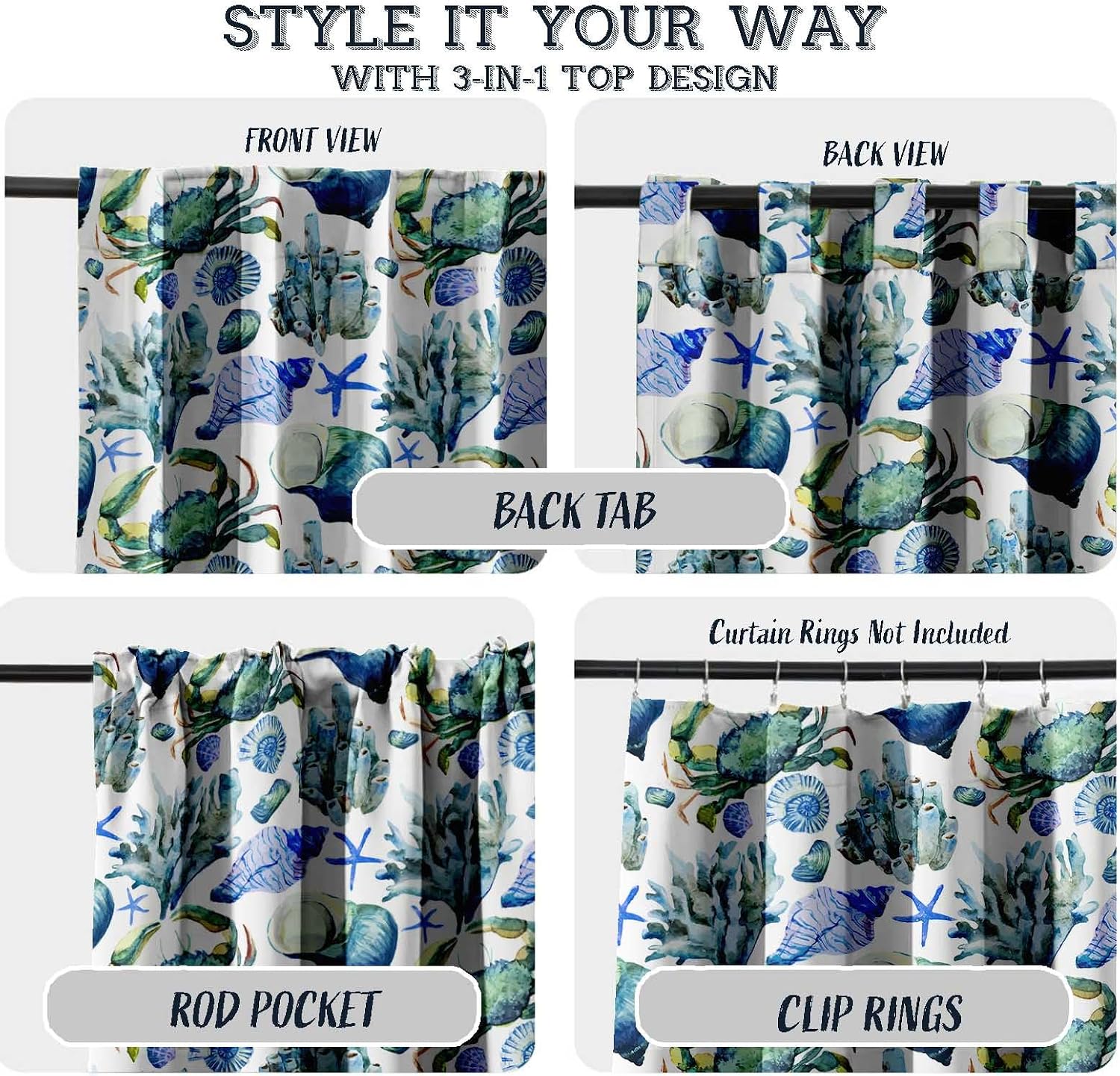 Cotton Curtains for Windows - 3-in-1 Rod Pocket/Back Tab Short Window Drapes - Light Filtering Cotton Canvas Panels - Set of 2, 52"x63" - Ocean Print (Blue)