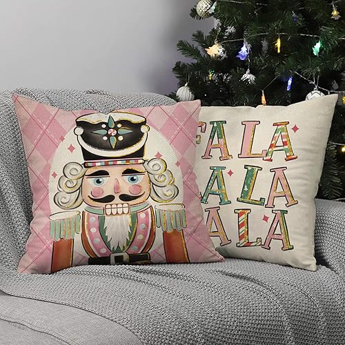 Miniatura 7 de Juego de 4 fundas de almohada decorativas con diseño de cascanueces de árbol de Navidad de 18 x 18 pulgadas, color rosa con diseño de cascanueces de