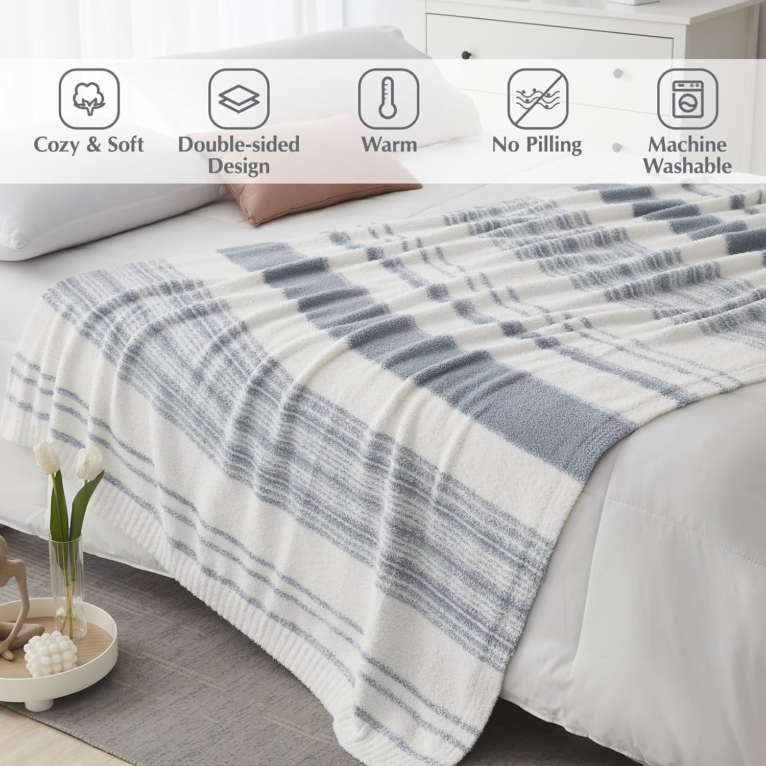 WRENGONGE Grey Blue Throw Blanket, 50x70 Soft Cozy Striped Throw Blankets for Couch, Sofa, Bed, Travel, Lightweight Fluffy Warm Plush Decorative Blankets for Women, Men Gift - Image 4
