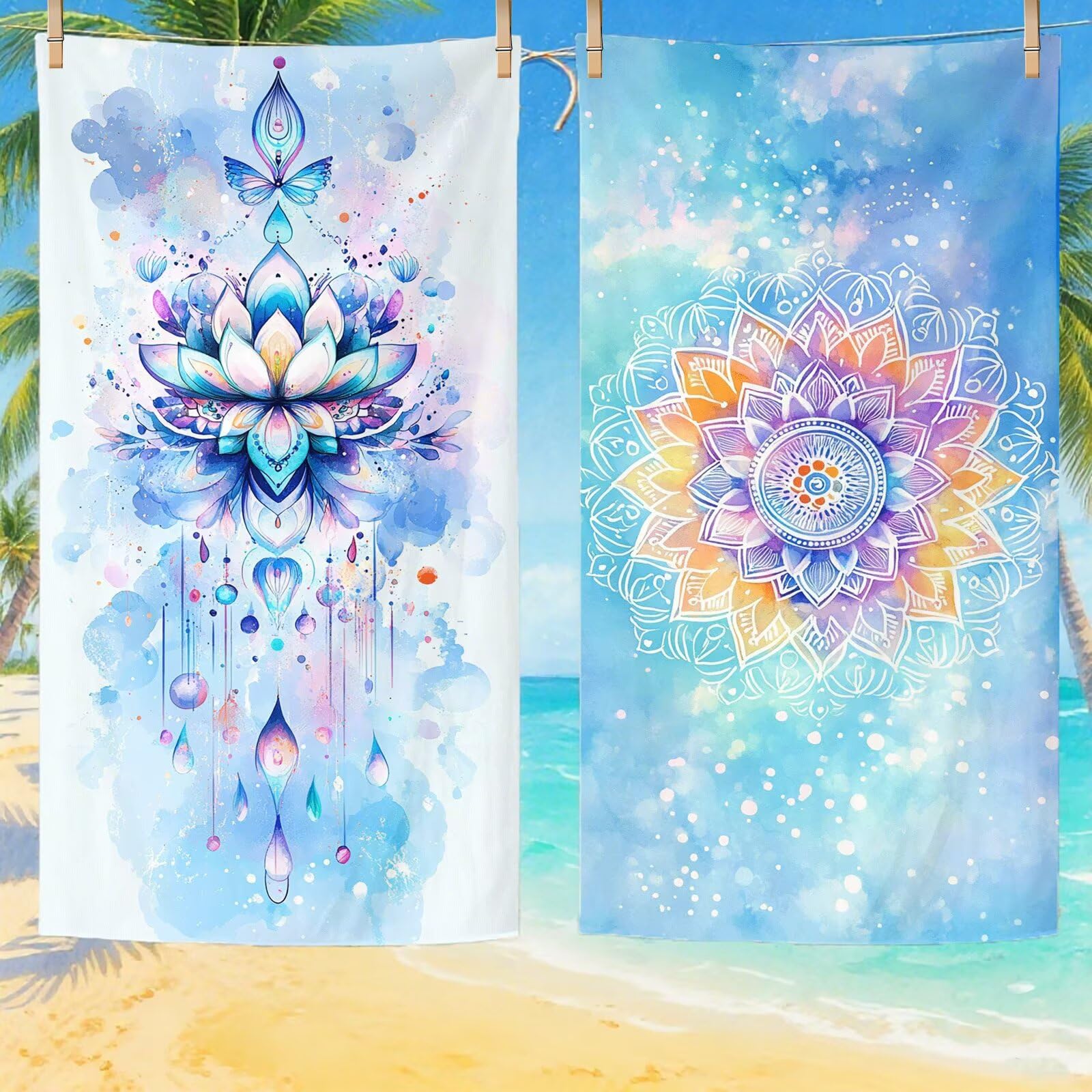 Strandtuch XXL 100x200, Mikrofaser Handtuch mit Sandfrei Schnelltrocknendes und Strand Sonnenschutz Funktion für Travel Gym Camping, Sauna, Strand Zubehör, Geschenke für Frauen, 2 Pack Mandala Q-610