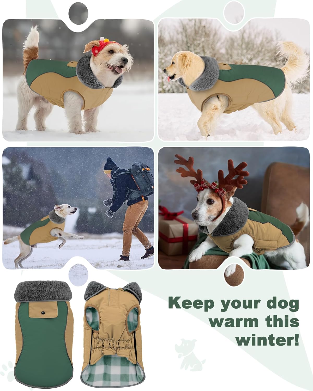Doglay Dog Jacket Waterproof Dog Coat, Reflective Cold Weather Winter Coat, Adjustable Turtleneck Fleece Puppy Snow Jacket with Harness Hole for Small Medium Large Dogs