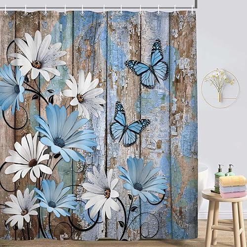 Miniatura 2 de Cortina de ducha de flores florales con diseño de mariposas, hortensias de flores lilas con mariposa, cortinas de ducha de tela impermeable para