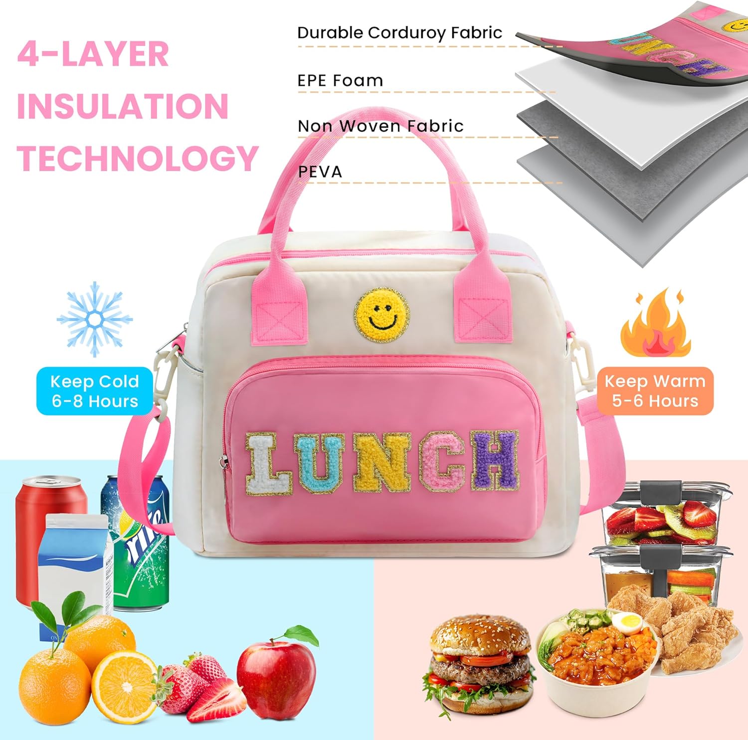 RLGPBON Insulated Lunch Bag Teen Girls, Preppy Lunch Box Large Insulated Lunch Bag Reusable Lunch Tote Bag, Preppy LunchBag for Girls School Travel Picnic - Image 5
