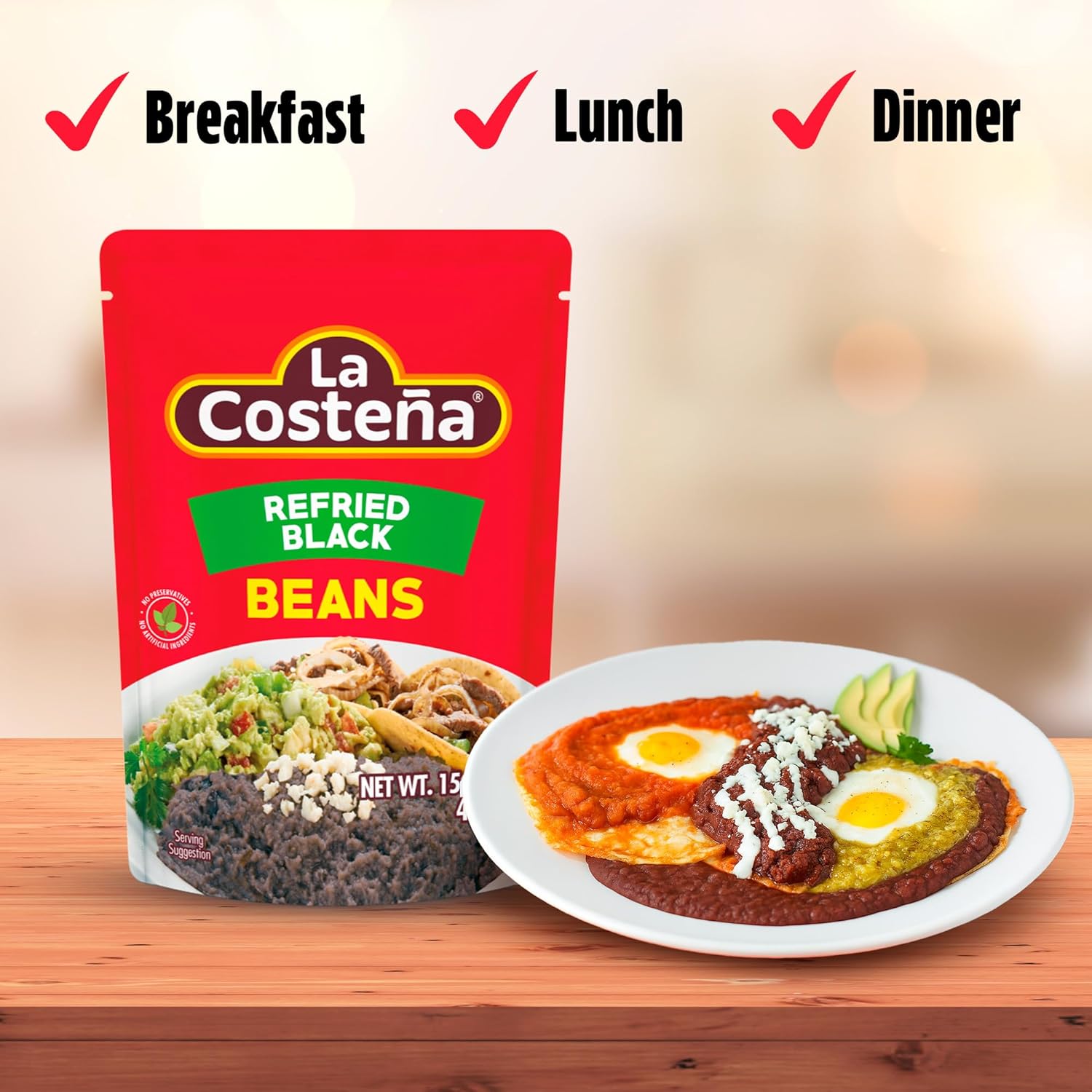 La Costeña Refried Black Beans - 60 Second Microwave Ready to Eat Meals for Mexican Food, Mexican Rice, Nacho Bean Dip, Bean Burrito, Burger, Carne Asada, Fajita & Taco Seasoning - 15.16oz, 8 Pack