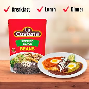 La Costena Refried Black Beans - 60 Second Microwave Ready to Eat Meals for Mexican Food, Mexican Rice, Nacho Bean Dip, Bean Burrito, Burger, Carne Asada, Fajita & Taco Seasoning - 15.16oz, 8 Pack