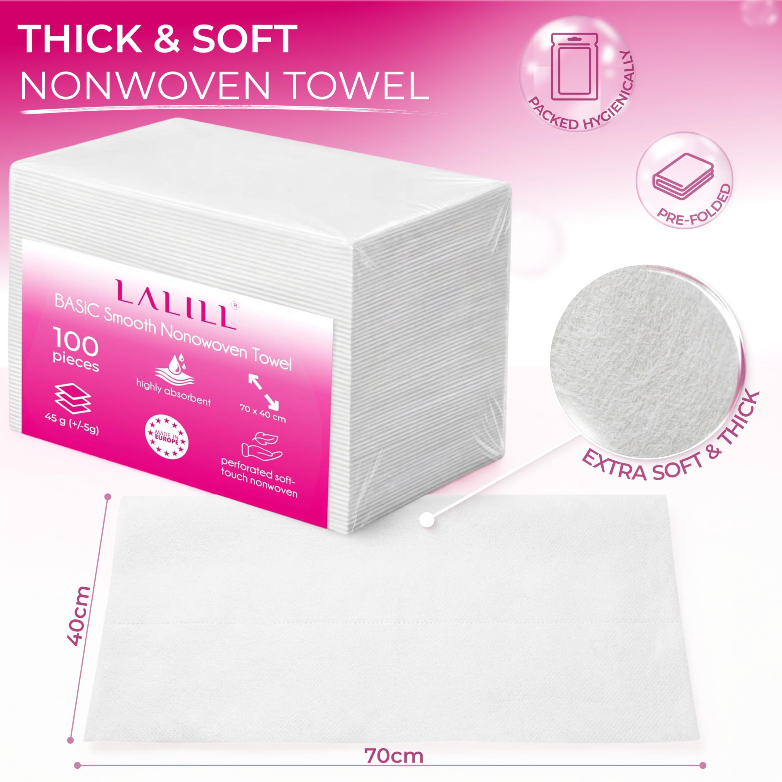 LALILL Fusselfreie Kosmetiktücher 70x40 cm, 100 Stück - Handtücher saugstark & weich - Friseur Tücher aus Vliesstoff - Einweghandtücher für Babys, Erwachsene, Senioren - Hygienisch verpackt