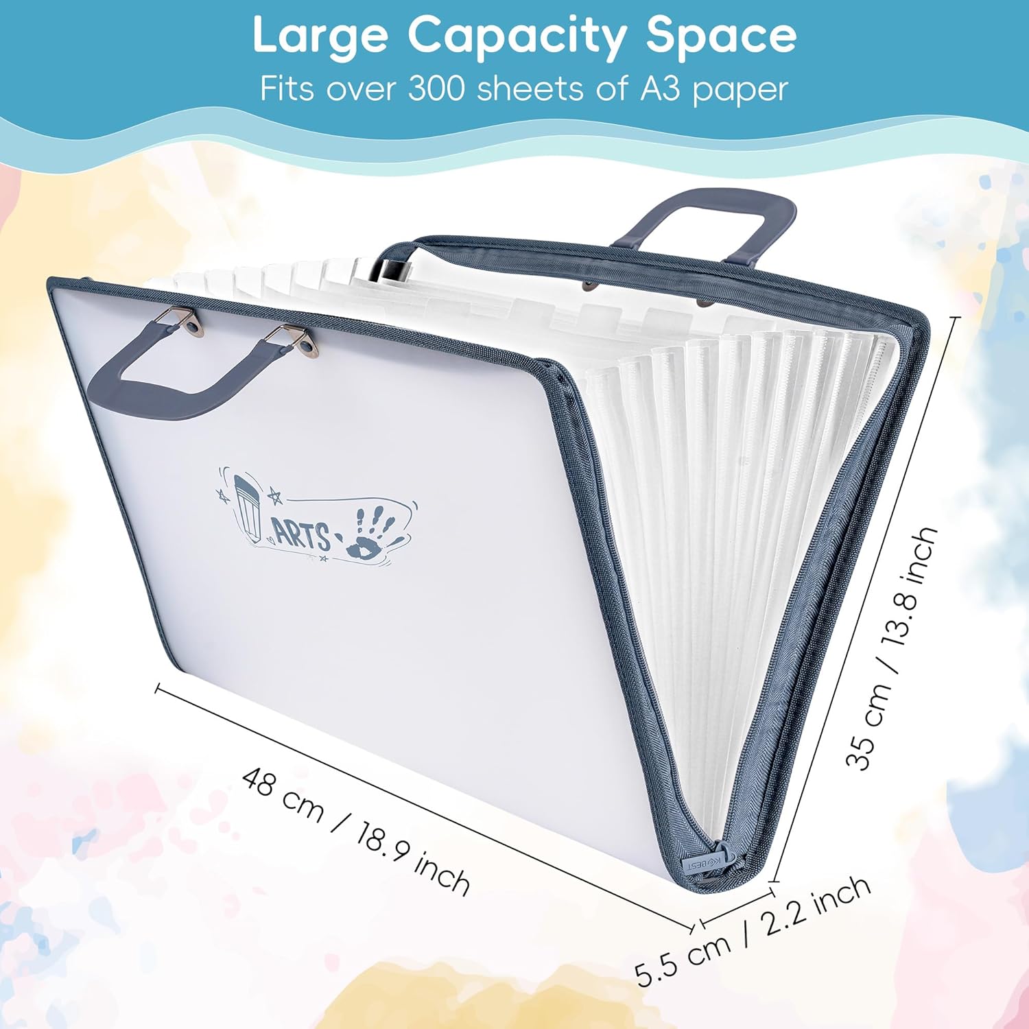 11x17 Accordion File Organizer with 13 Pockets, Art Portfolio with Handle & Zipper Closure, Oxford-Trimmed Frosted Translucent Style (1-Pack)