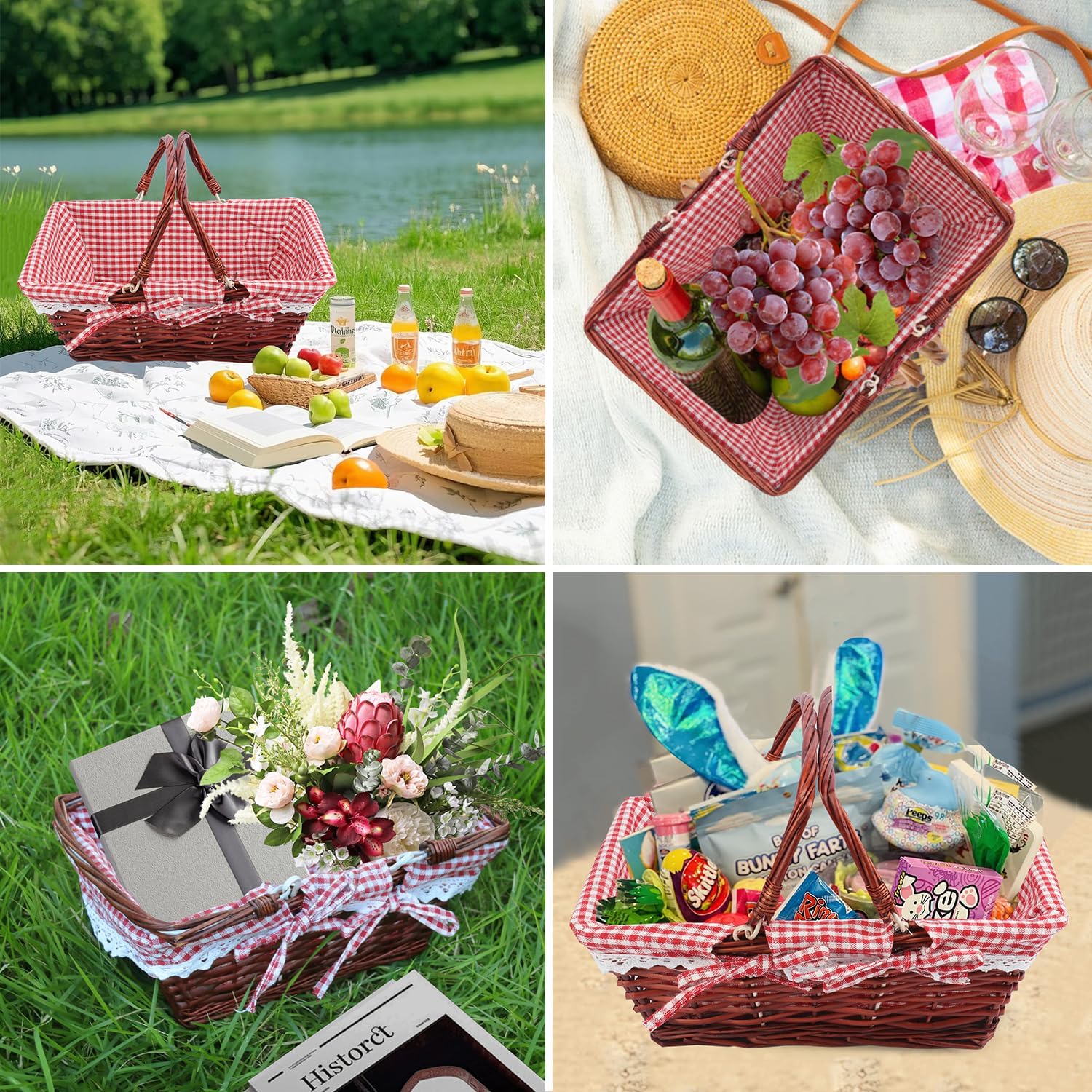 2 Pack 13.78 Inch Rectangle Willow Basket, Wicker Basket with Double Handle, Willow Woven Picnic Basket, Perfect for Easter, Picnic, Decor, Storage, and Wedding(Medium & Reddish Brown)