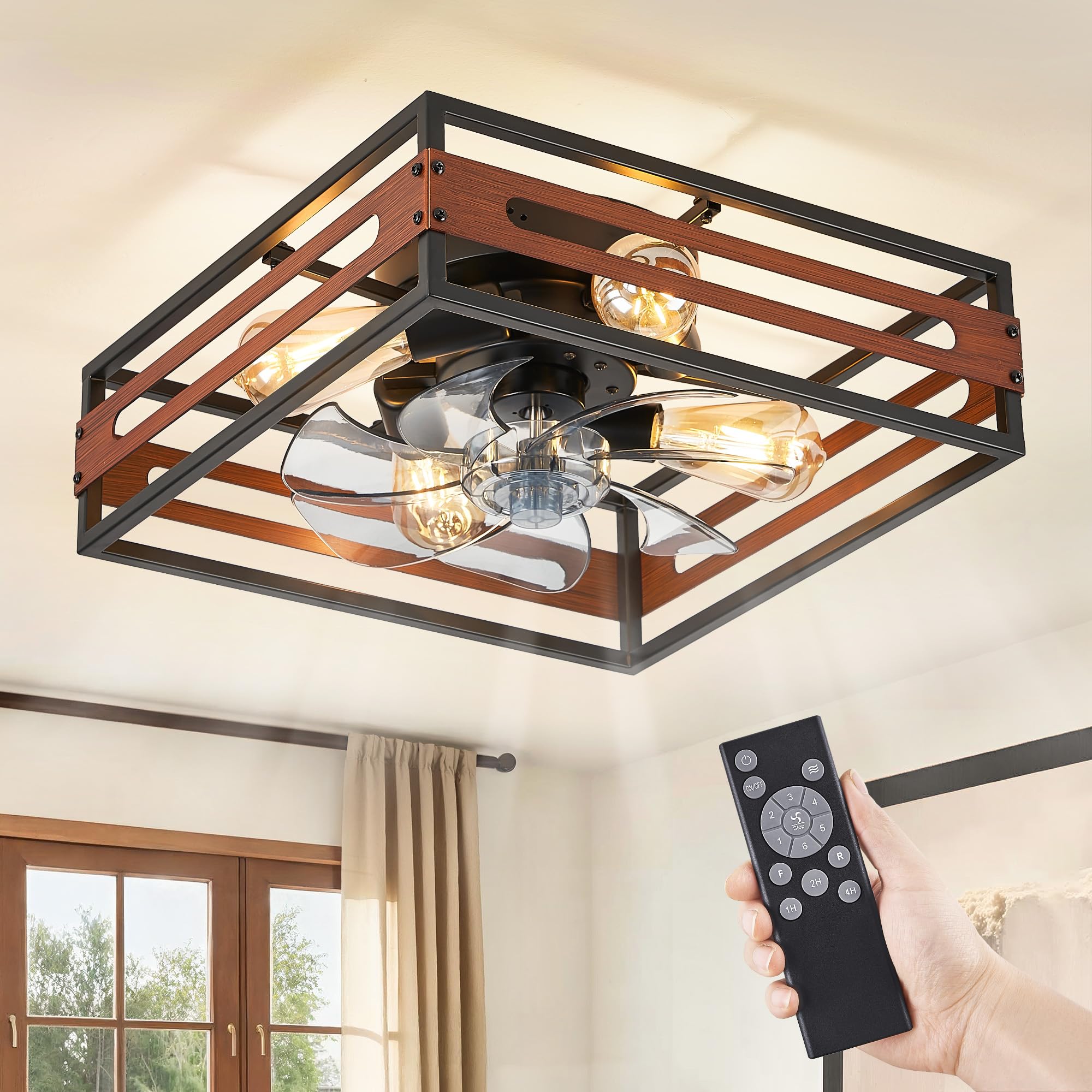 ZMISHIBO Ceiling Fan with Silent Vintage Light, Reversible Flow and 6 Speeds, Timer and Remote Control, Ceiling Fan Lamp for Bedroom/Living Room, E27 (Not Included)