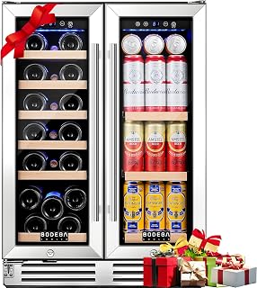 BODEGA 24 Inch Dual Zone Wine & Beverage Refrigerator Cooler, 19 Bottles 57 Cans, Built-In Freestanding Black Bar Fridge w/ Glass Doors
