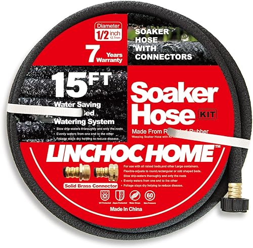 Manguera de remojo de 15 pies para camas de jardín, conector de latón macizo, manguera de jardín resistente de 12 pulgada para camas de verduras,