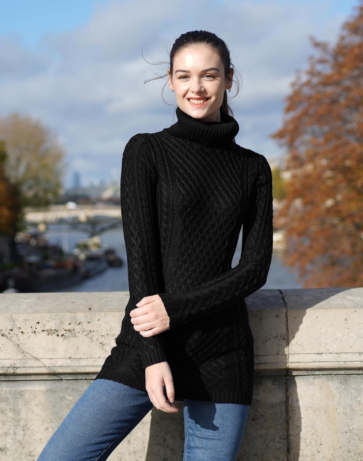 v28 Women's Cotton Turtle Cowl Neck Aran Fishermen Fair Isle Cable Knit Sweater - Image 4