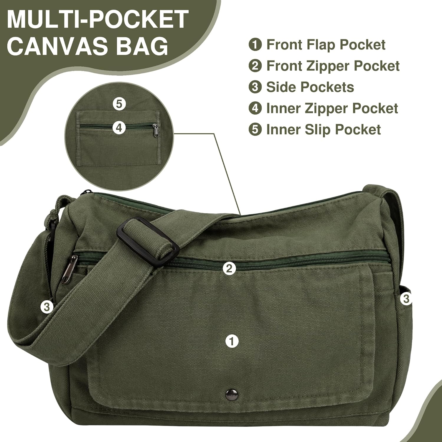 Canvas Messenger Bag for Women and Men Large Hobo Crossbody Shoulder Tote Bag with Multiple Pockets
