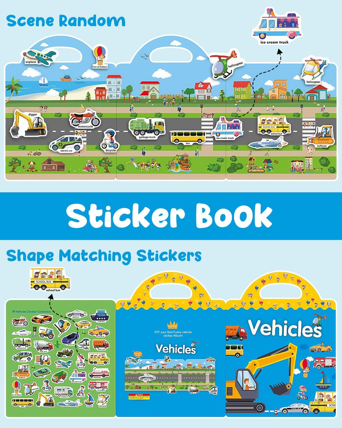 Reusable Sticker Book, Travel Stickers for Kids, Waterproof Sticker Books, Crafts Activities for Toddlers 3 4 5 Year Old, Vehicles