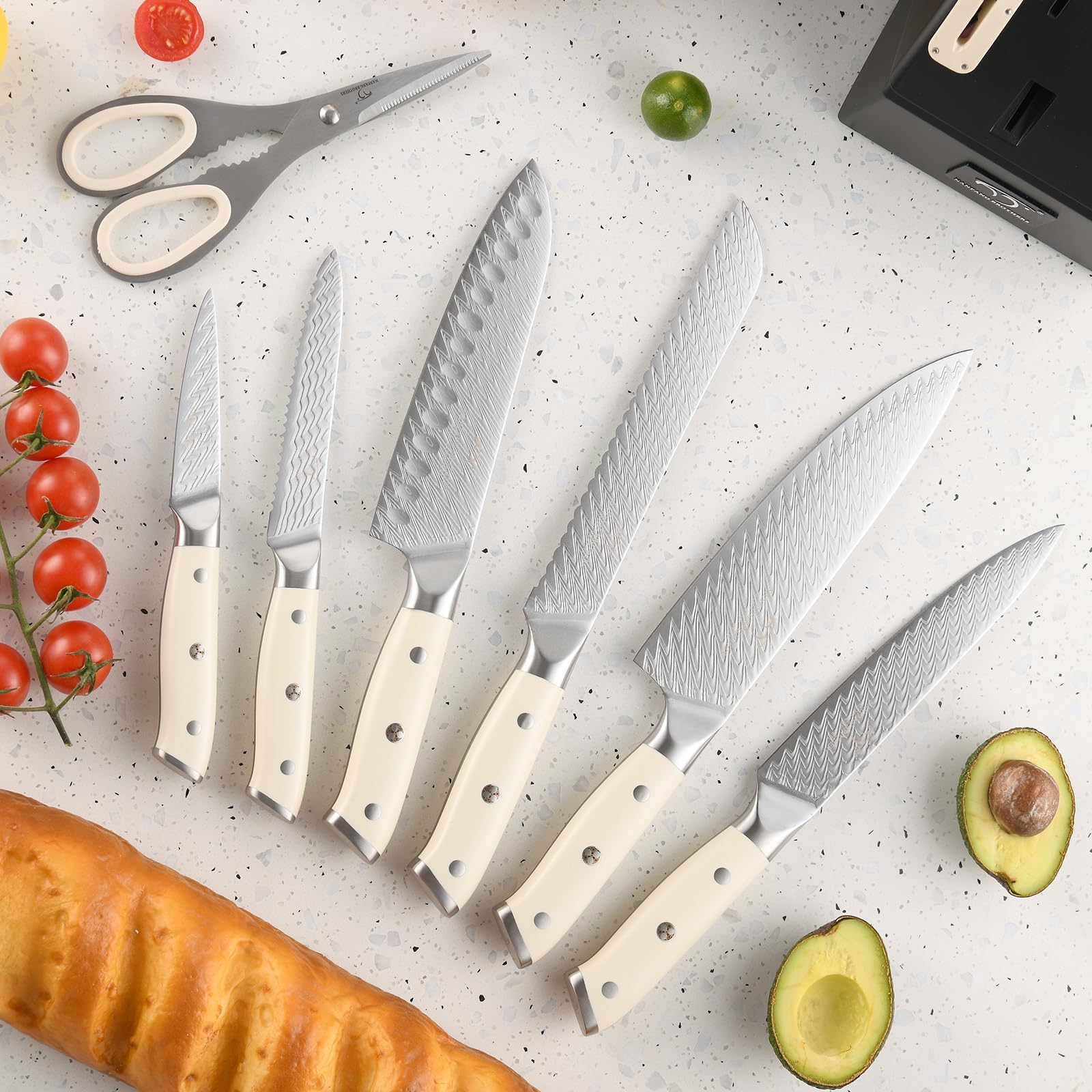 NANFANG BROTHERS Kochmesser Set 10 PCs Damaszener mit Block | VG 10-Kern Stahl, ABS Ergonomischer Griff, Disconnect-Type Messerblock, Küchenmesser Set