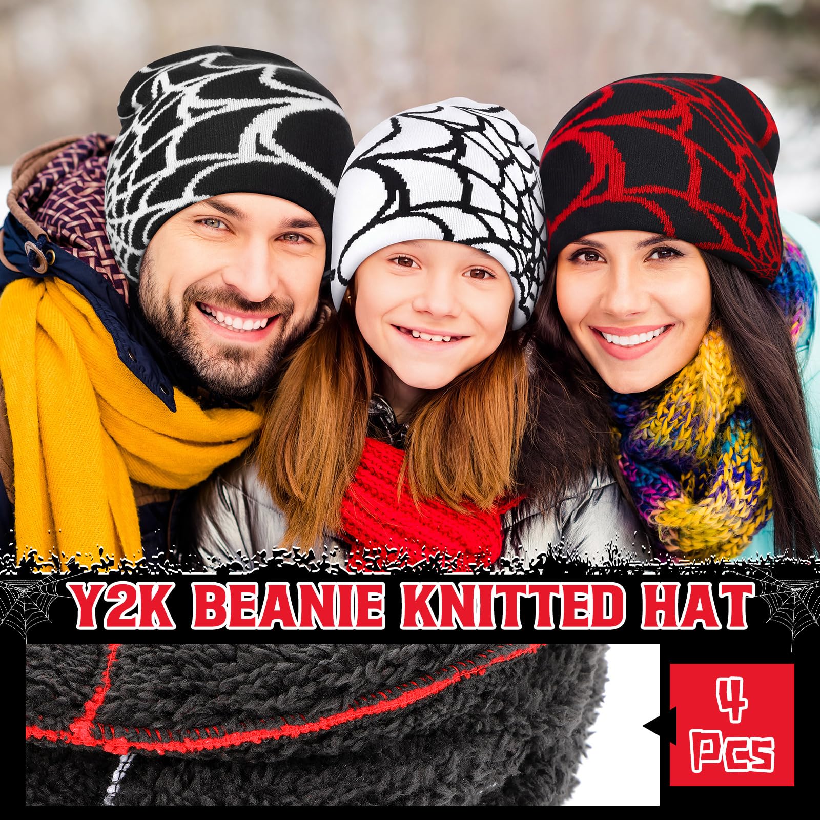 Jeyiour 4 gorros Y2k con patrón de telaraña, gorro gótico de punto acrílico, estilo casual, ropa de calle al aire libre, para hombres y mujeres