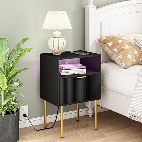 Miniatura 3 de Moderna mesita de noche con estación de carga y luces LED, mesita de noche negra con cajón, mesita de noche acanalada para sala de estar, dormitorio