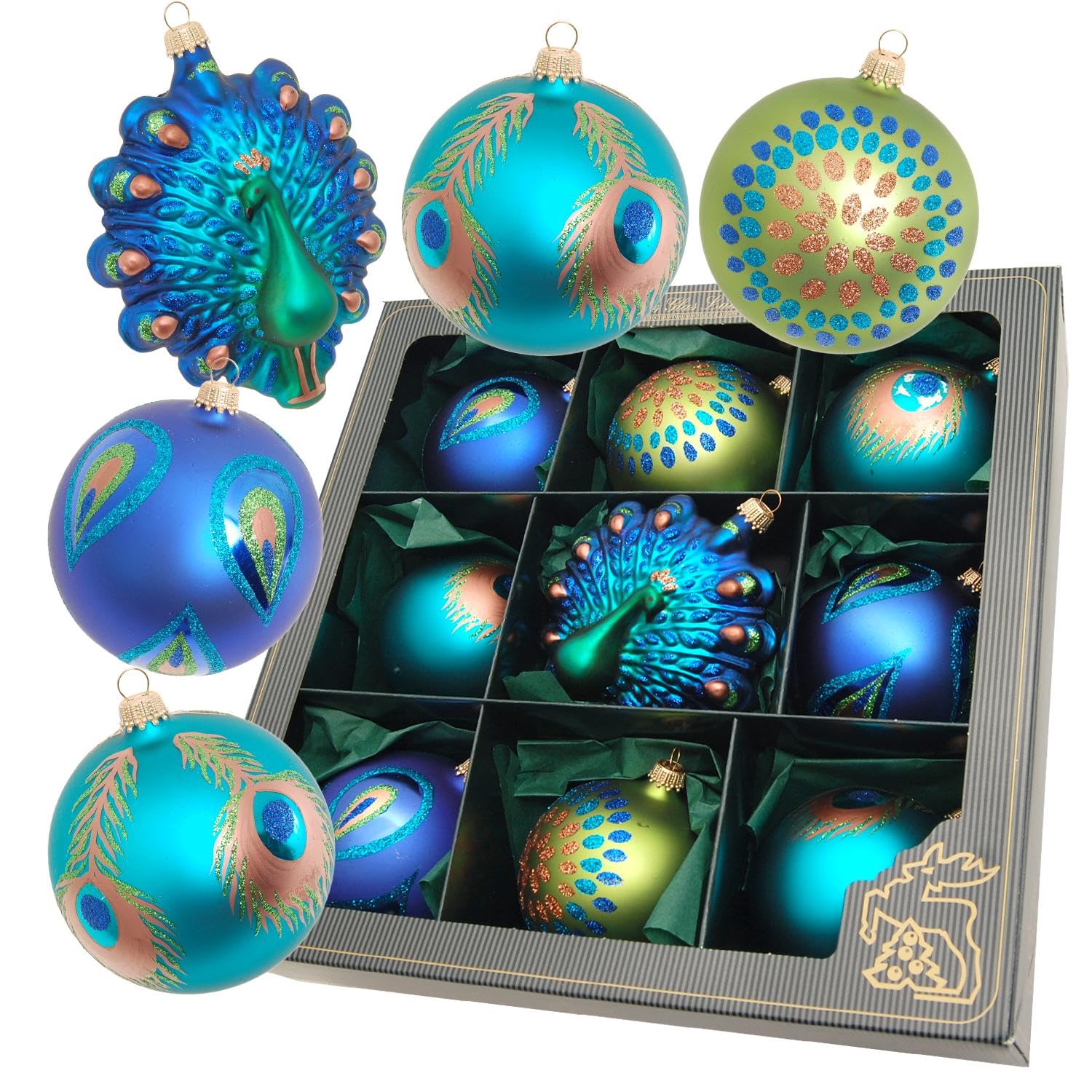 Krebs Glas Lauscha - Christbaumschmuck aus Glas - Christbaumkugeln im Vögeldesign + Vogelfigur - Größe: ca. 8-11 cm - Menge: 9 Stück