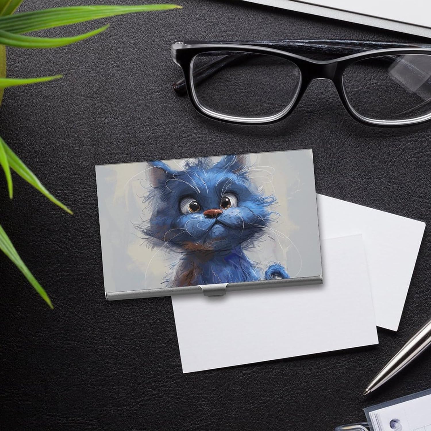 Cartoon Blue Cat Business Card Case for Women Or Men Snaps Closed Portable Name Holder Credit Card Holder for Business Meeting Use