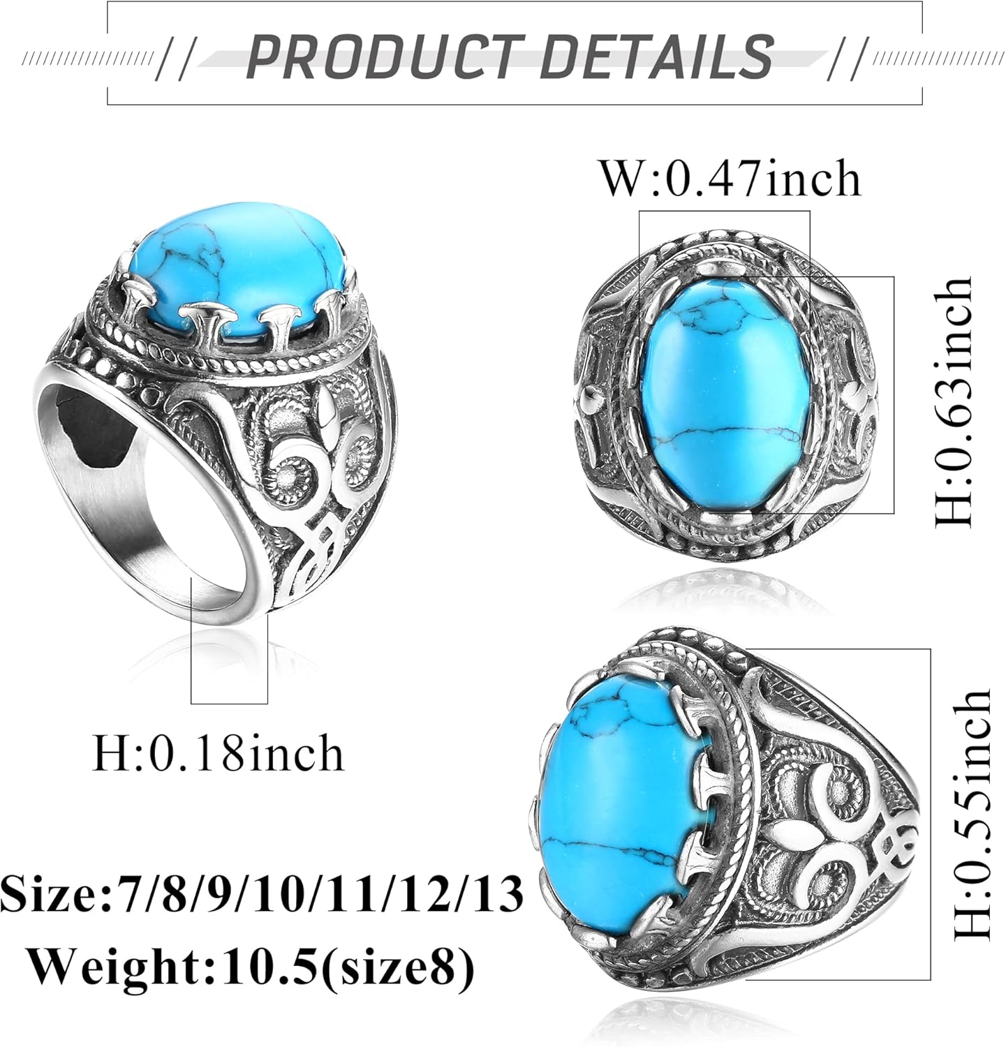 Dochais Retro Large Tiger Eye Stone Mens Ring Turquoise Vintage Ring for Men Oval Gemstone Stainless Steel Ring Size 7-13 - Image 2