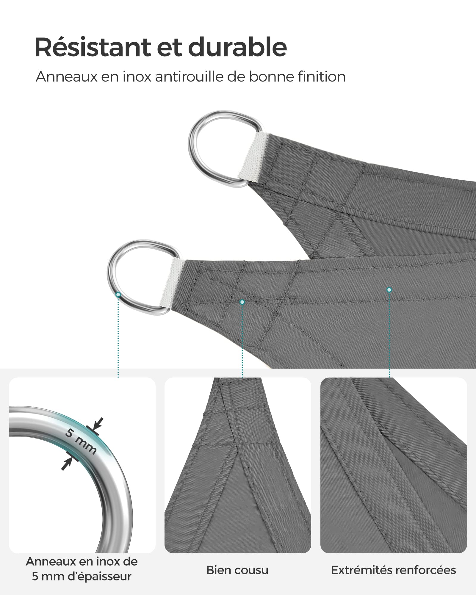 SONGMICS Voile d'Ombrage 3 x 3 m, Hydrofuge Colonne d’Eau de 665 mm, Polyester Anti-déchirure, Protection UV 93%, Terrasse, Jardin, Balcon, Carré, Cordes de 2 m, Gris Anthracite GSH33GYV1