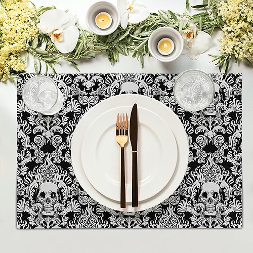 Miniatura 3 de Giwawa Juego de 4 manteles individuales decorativos de lino con diseño de calavera gótica de Halloween, para cocina, comedor, resistente al calor,