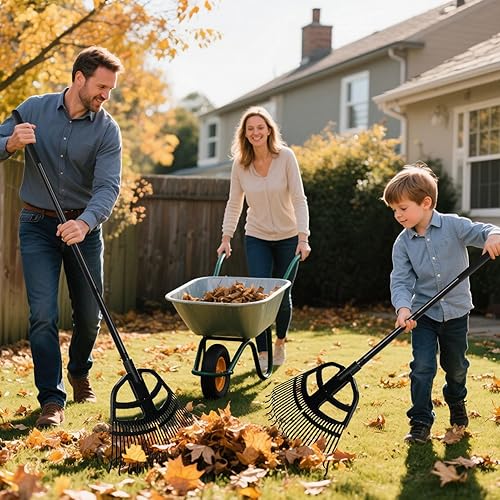 Miniatura 7 de Rastrillo de hojas de jardín 2 en 1 y palas de hojas, rastrillo de hojas ajustable para césped con agarre, rastrillos de mano para recoger hojas,