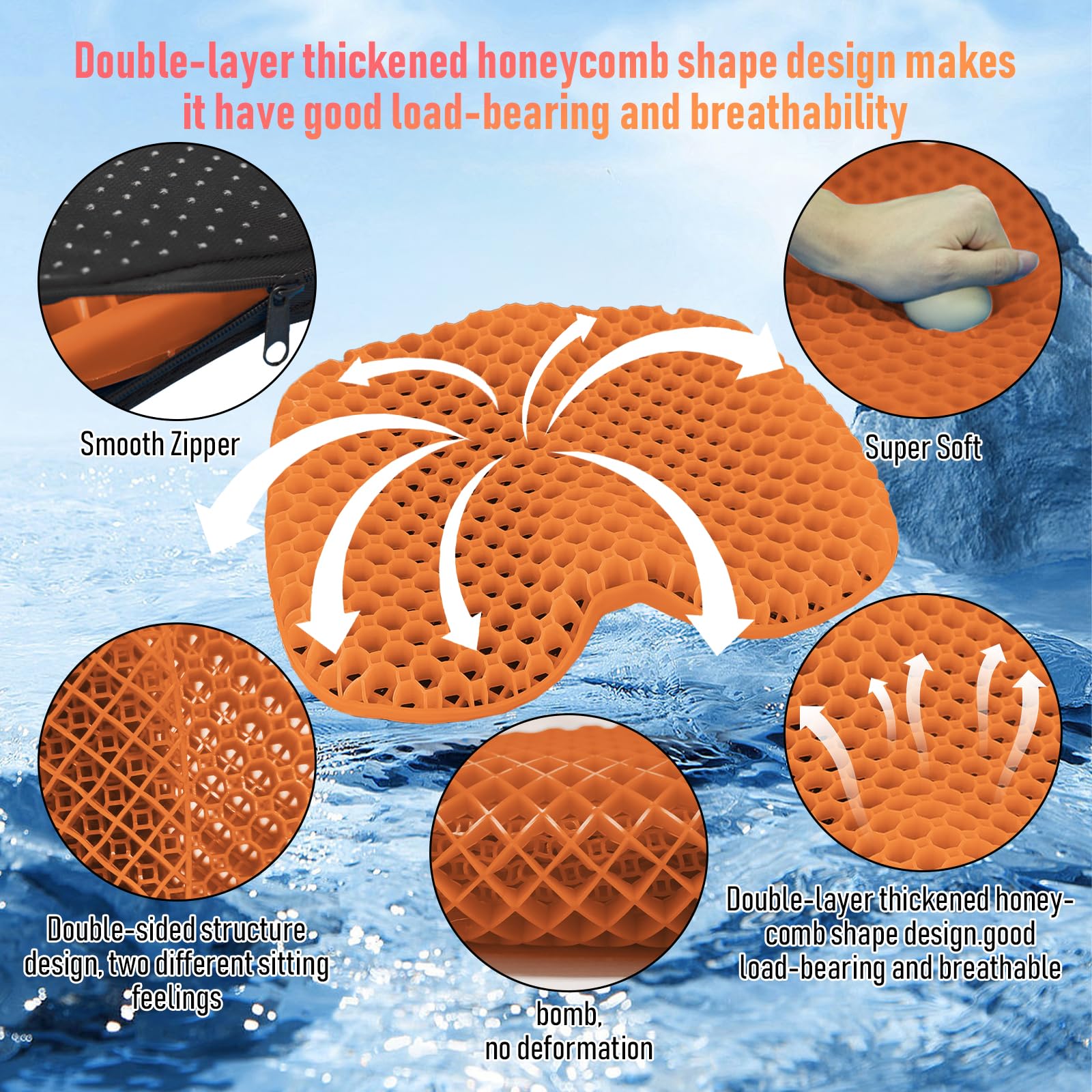 Cuscino per sedile del kayak, addensato, antiscivolo, impermeabile, in gel, portatile, per canoa, canottaggio, gommone, gommoni, stadio, kayak, pesca, kayak, accessori (2 pezzi/arancione)
