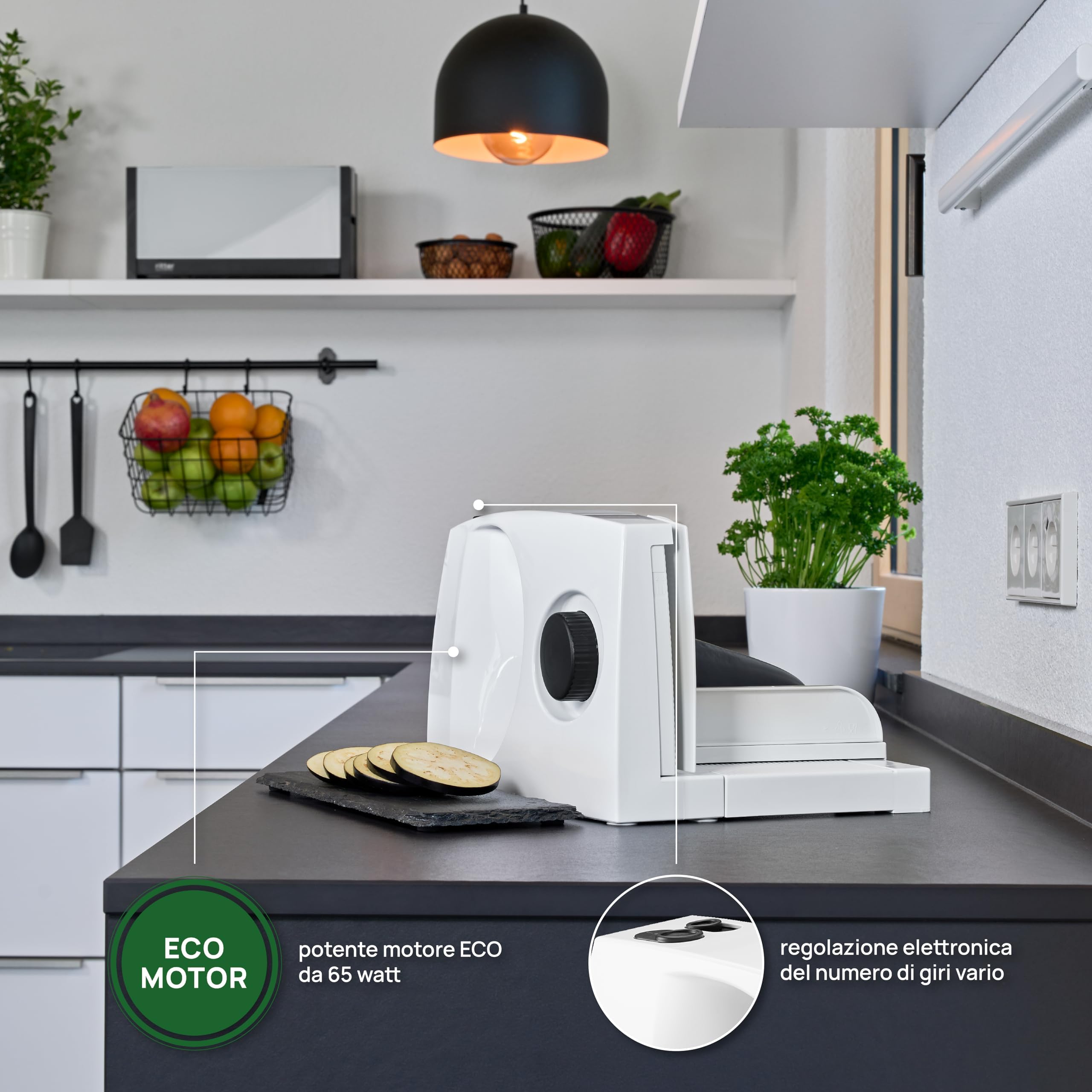 ritter markant 05, affettatrice elettrica con Motore Eco, Made in Germany, 65 W, Plastica, Bianco