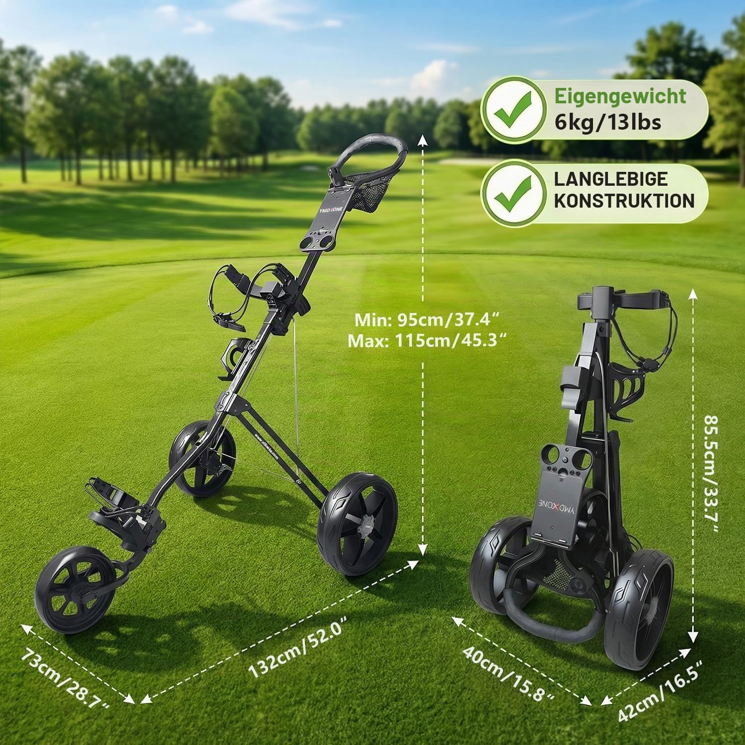 3 Rad Golf Trolley mit verstellbarem Griff: Klappbares Design, Netzaufbewahrungstasche, leichter Handwagen mit Halterung für Scorecard und Flasche. Kompakt für einfache Lagerung und Transport