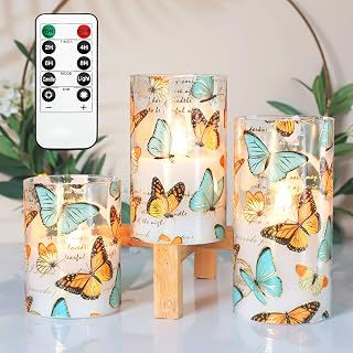 Flameless Candles with Remote & Timer, Butterfly Battery Operated LED Candles, Real Glass & Wax Flickering Pillar Candles for Home Wedding Party Table Decor