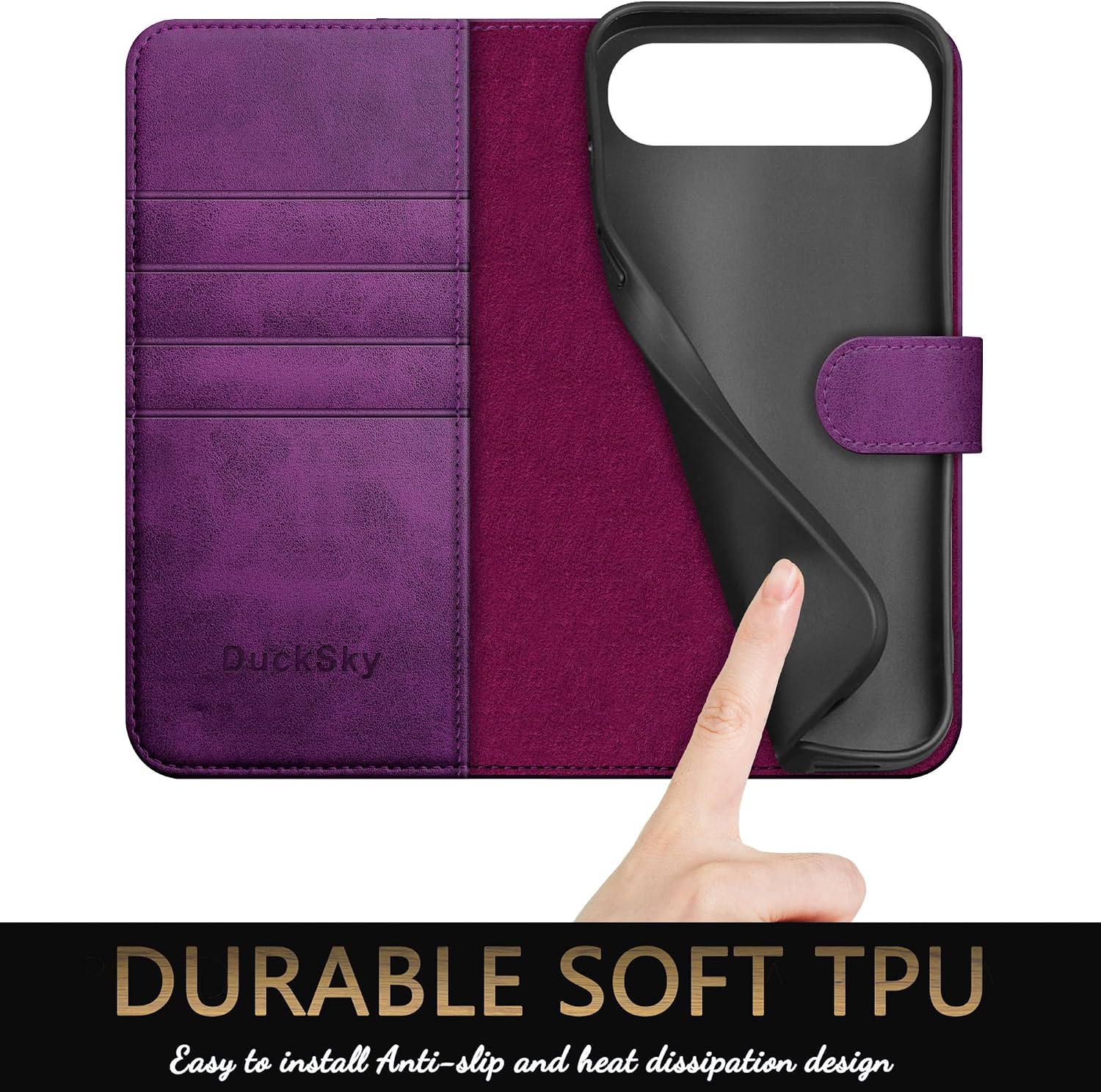 DuckSky Compatible with iPhone Air 6.5" Genuine Leather Wallet case【RFID Blocking】【4 Credit Card Holder】【Real Leather】 Flip Phone case Cover Women Men for Apple iPhone 17 Air case Purple
