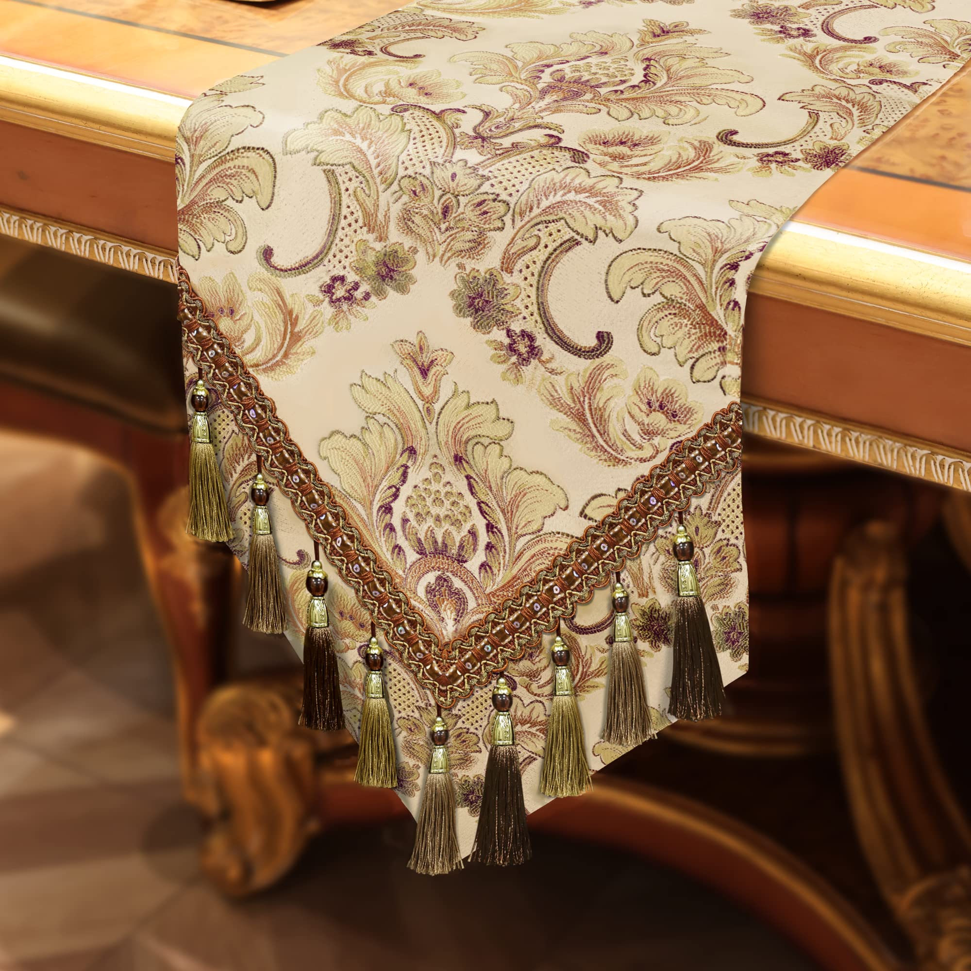 Loom and Mill Camino de mesa de lujo jacquard de 90 pulgadas de largo, tela gruesa con borlas hechas a mano para comedor, cocina, vacaciones, decoración de fiesta (caqui, 13 x 90 pulgadas)