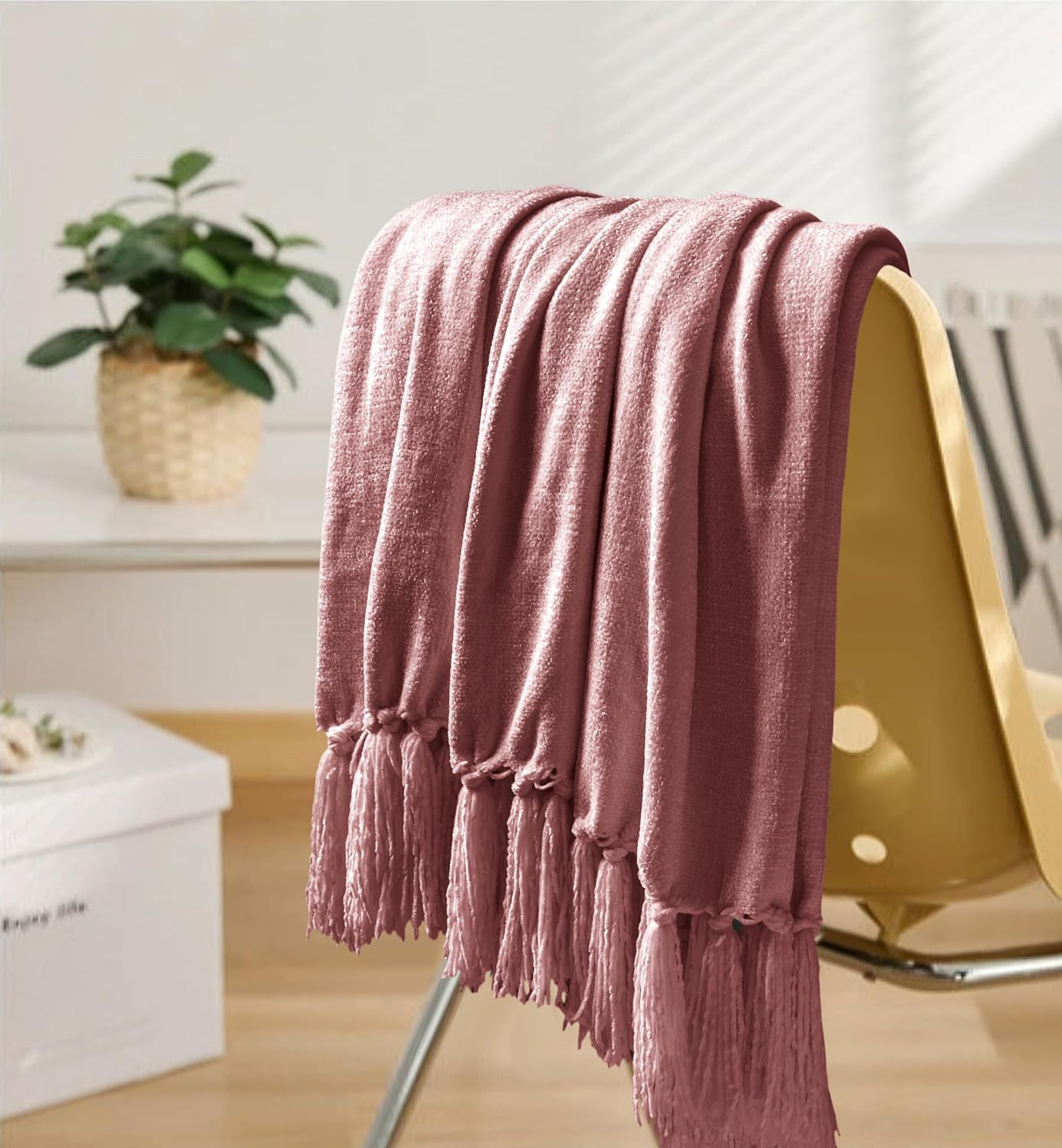 Chenille Throw Blanket for Couch 50"X 60", Soft Cozy Throws with Fringe Tassel for Bed Sofa Chair Cover, Lightweight Knitted Decorative Boho Blankets for Living Room, Mauve - Image 3