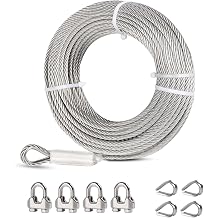 6mm Steel Wire Rope, 7.6M Stainless Steel Wire Rope Kit, 7x19 Strand Steel Cable with Loops,Clips & Thimble,Heavy Duty Steel Cable for Zipline, Deck Railing, Boat Lifts