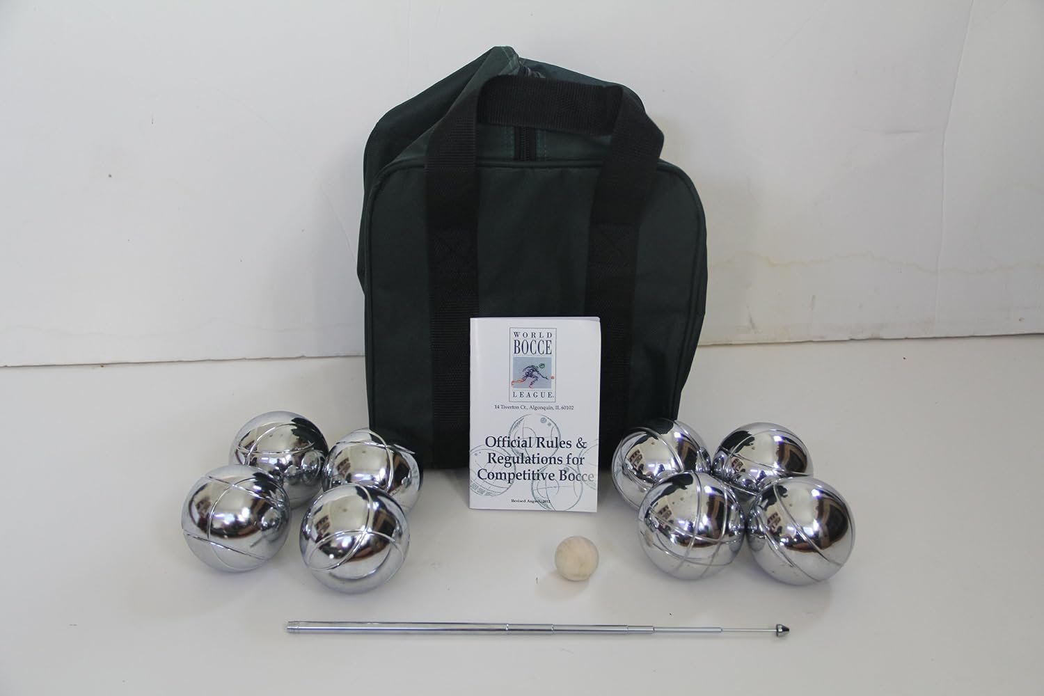 BuyBocceBalls Listing - Unique 73mm Petanque/Bocce Pack - with 8 Silver Balls, Black Nylon case, Rule Book and extendable Measuring Device