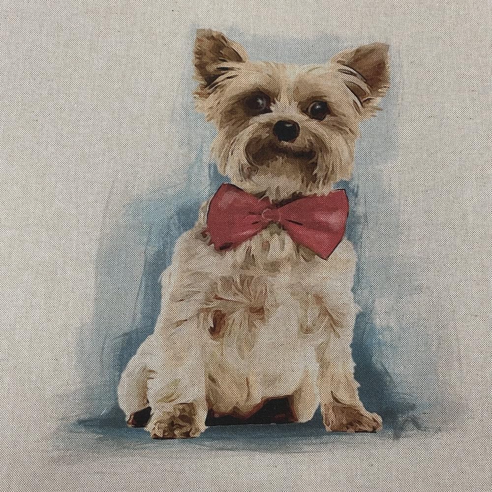 Christmas Linen Look Digital Print Fabric Panel 18" Square 45cm - Per Panel (Bow Tie Dog)