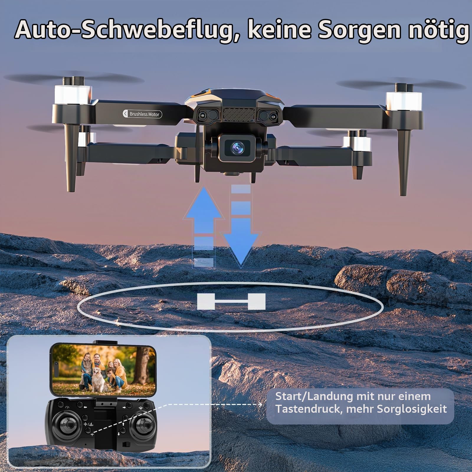 Drohne mit Kamera für Kinder, bürstenloser Motor, Gestensteuerung, Schwerkraftsteuerung, 3D-Flips und Auto-Schweben, Wegpunktflug, Ein-Tasten-Start für Erwachsene/Anfänger