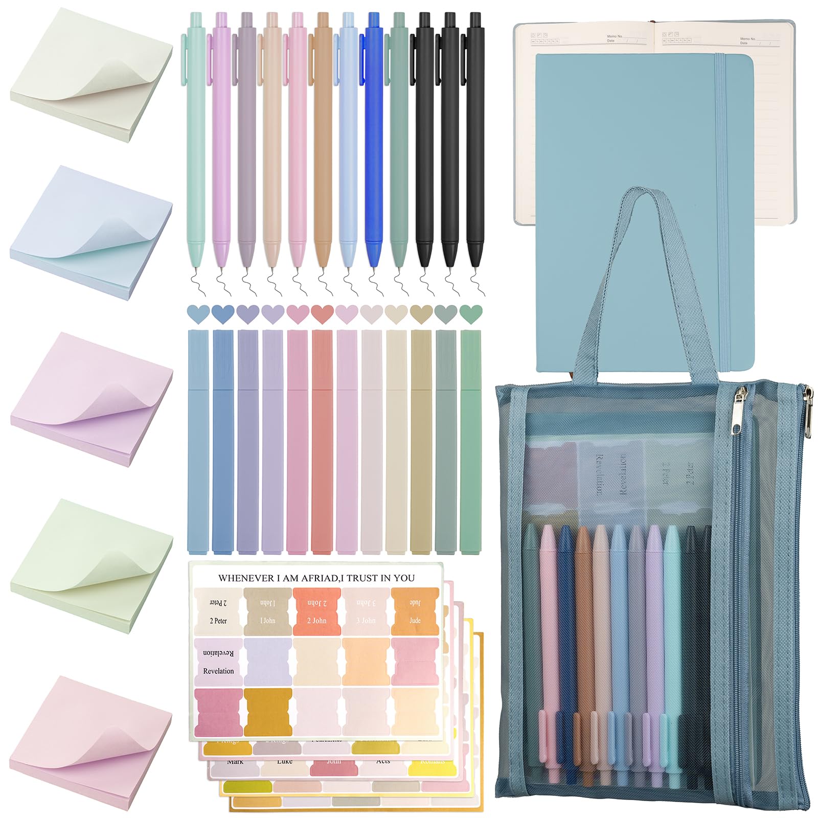 Woscel Bible Study Supplies,Bible Journaling Kit,Bible Study Kit with Journal,12 No Bleed Highlighters,12 Gel Pens,75Tabs, 400 Sticky Notes,Christian