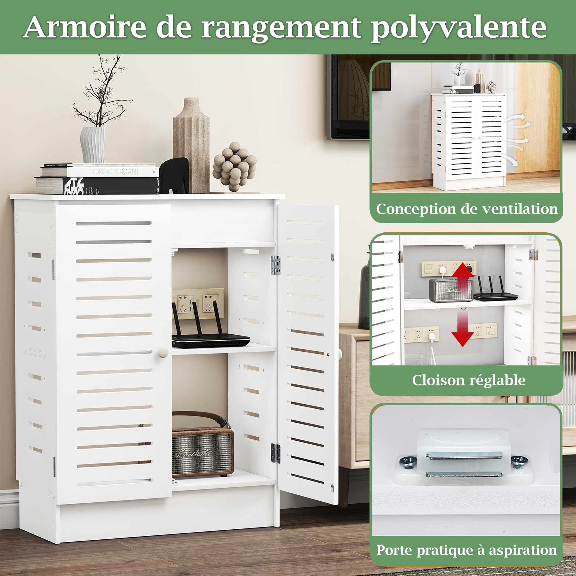 bimiti Armoire de Rangement pour Routeur Wi-FI, Armoire pour Routeur Bois | pour Salon, Rangement Câbles Électroniques, Équipements Multimédias, Montage au Sol Blanc 70x25x50cm 2 Niveaux