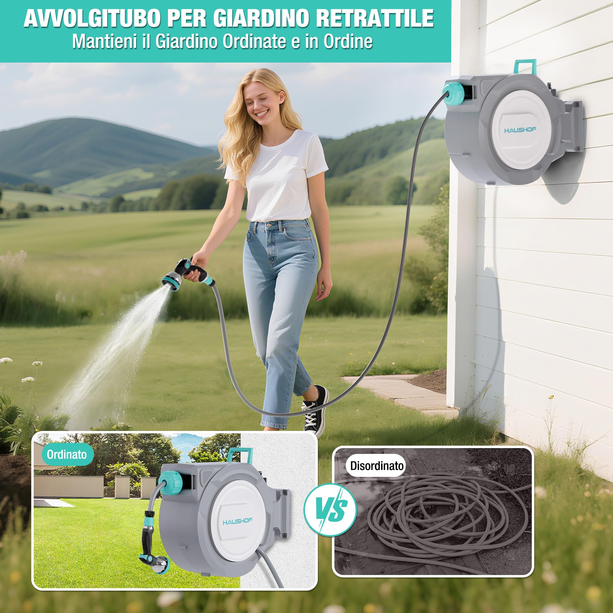 HAUSHOF Avvolgitubo da Giardino 30+2m con Supporto da Parete Girevole a 180° e 10 Modalità di Spruzzo, Box per Tubo da Giardino con Avvolgimento Automatico per Giardino e Lavaggio Auto